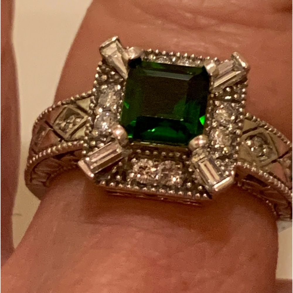 SOLDSonia B. Bitton Green Tourmaline & Diamonds Halo Ring 14K White Gold Sz 7.75